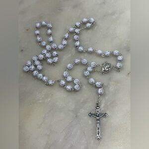 Elegant White and Silver Rosary Necklace